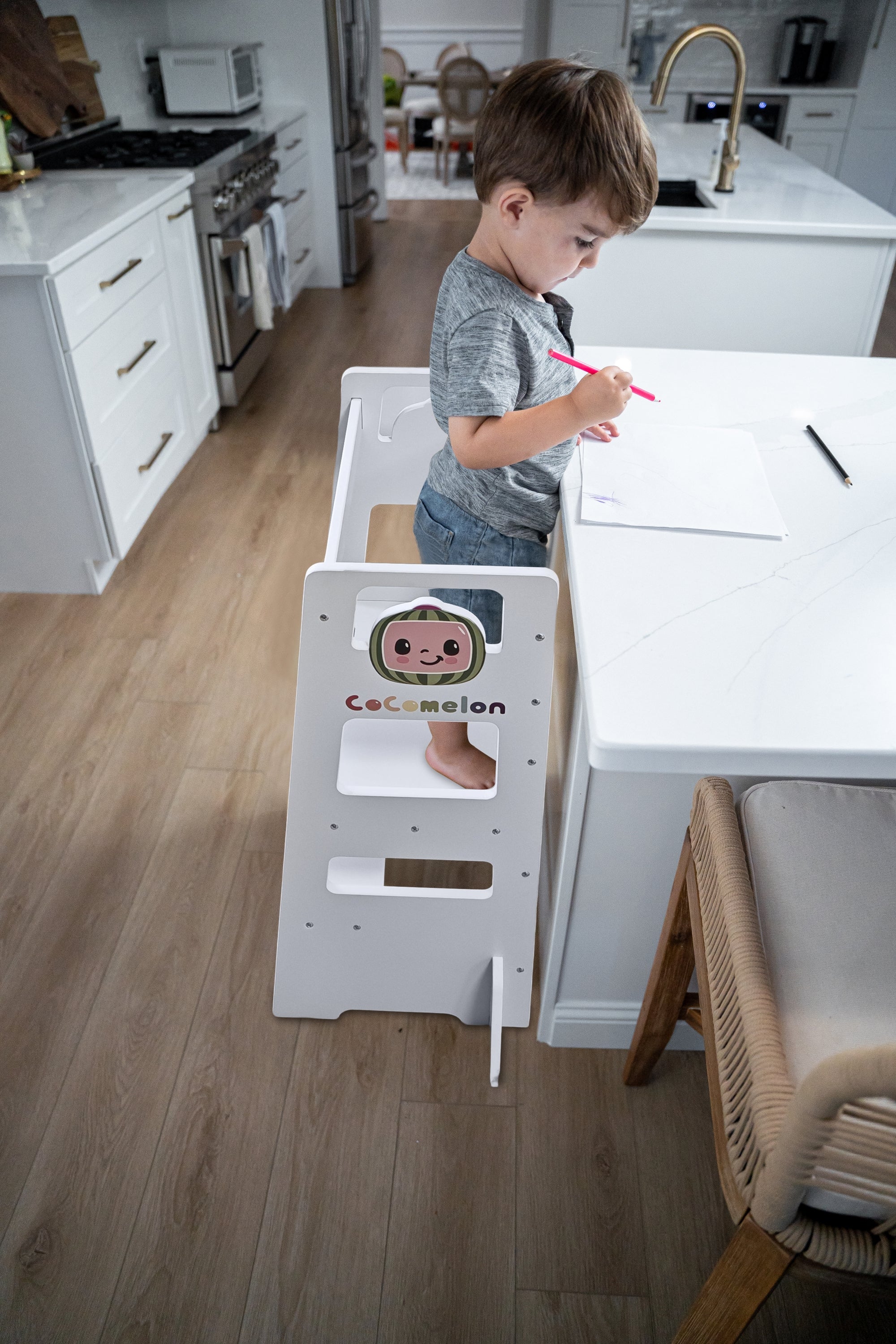 Date CocoMelon 3-in-1 Kitchen Tower for Kids – Step Stool & Chalkboard Learning Helper - Image 4