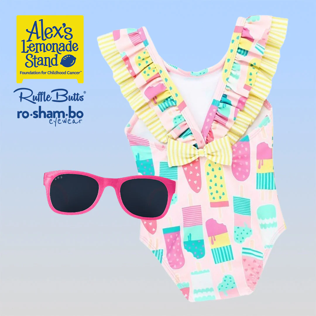 RuffleButts Baby Ice Cream One Piece with Roshambo Pink Glitter Sunglasses - Image 2
