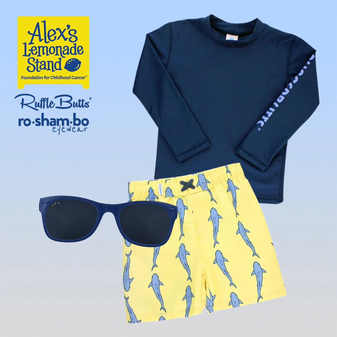 RuggedButts Toddler Jawsome Swim Trunks & Rash Guard with Roshambo Navy Sunglasses - Image 2