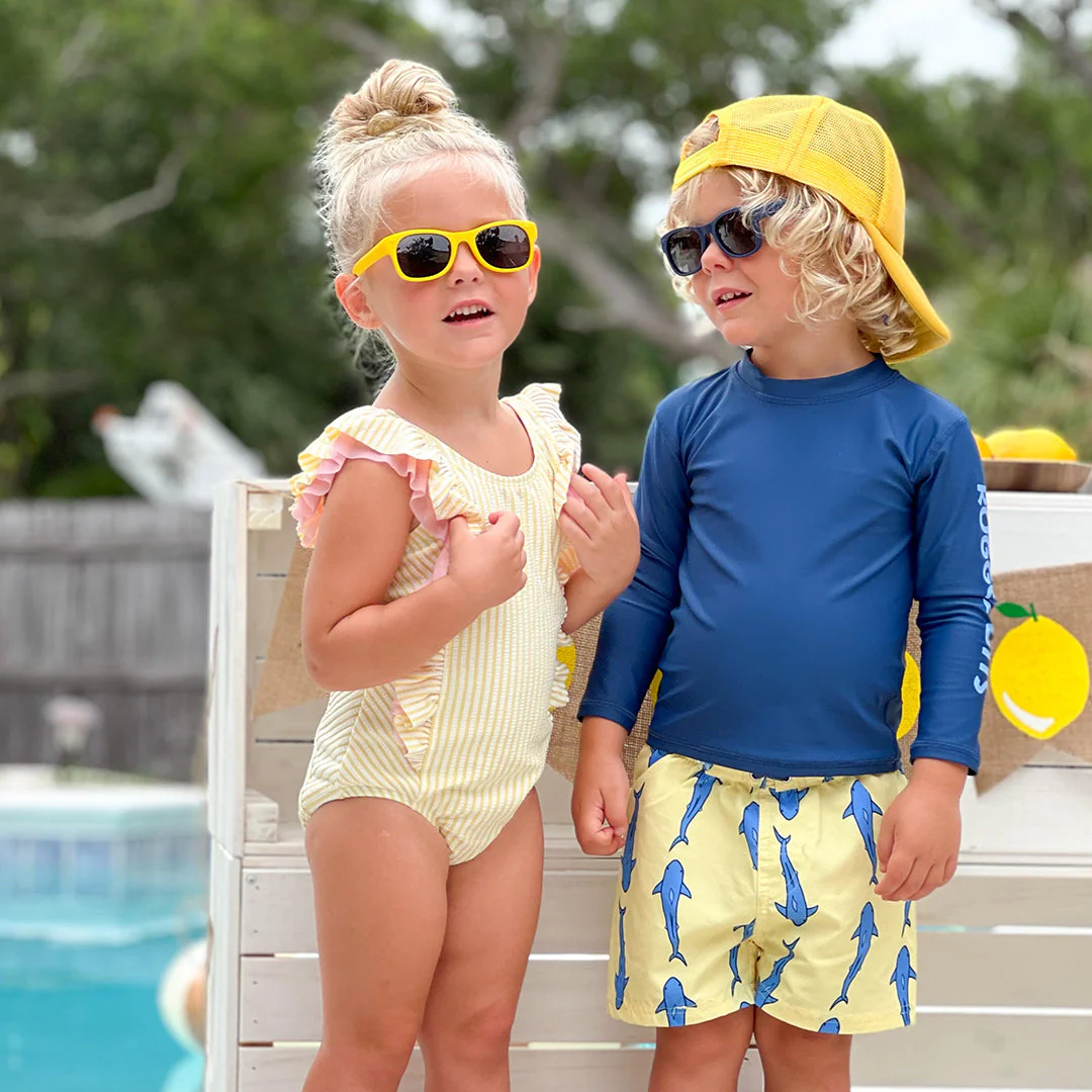 RuggedButts Toddler Jawsome Swim Trunks & Rash Guard with Roshambo Navy Sunglasses - Image 5