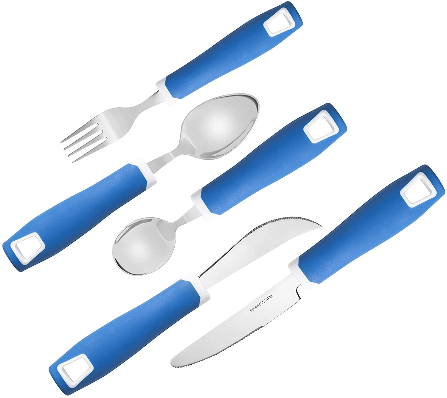 Set of 5 Blue Adaptive Utensils - Stainless Steel Knife, Rocker Knife, Fork, Soup Spoon, Dinner Spoon - Image 4
