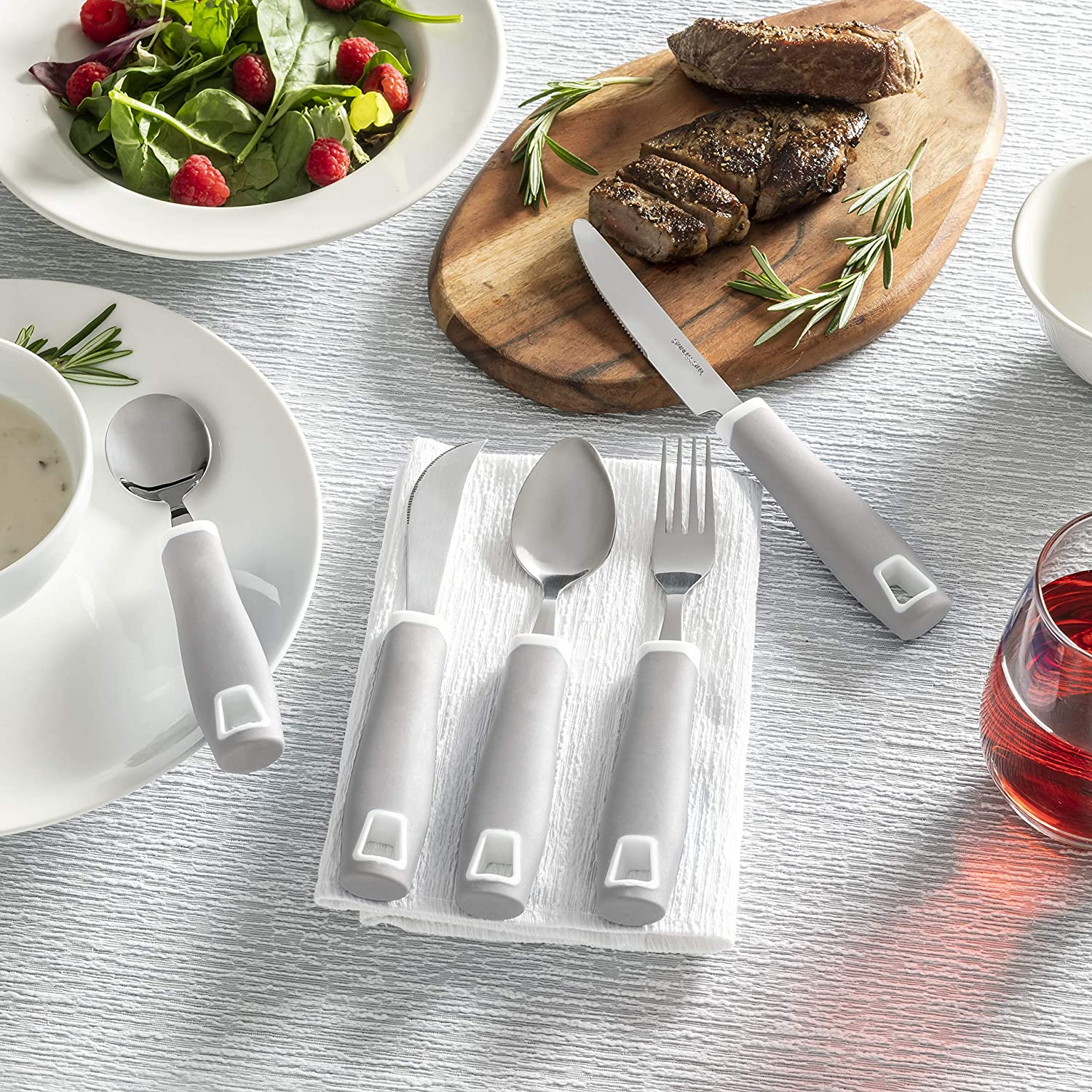 Set of 5 Gray Adaptive Utensils - Stainless Steel Knife, Rocker Knife, Fork, Soup Spoon, Dinner Spoon - Image 8