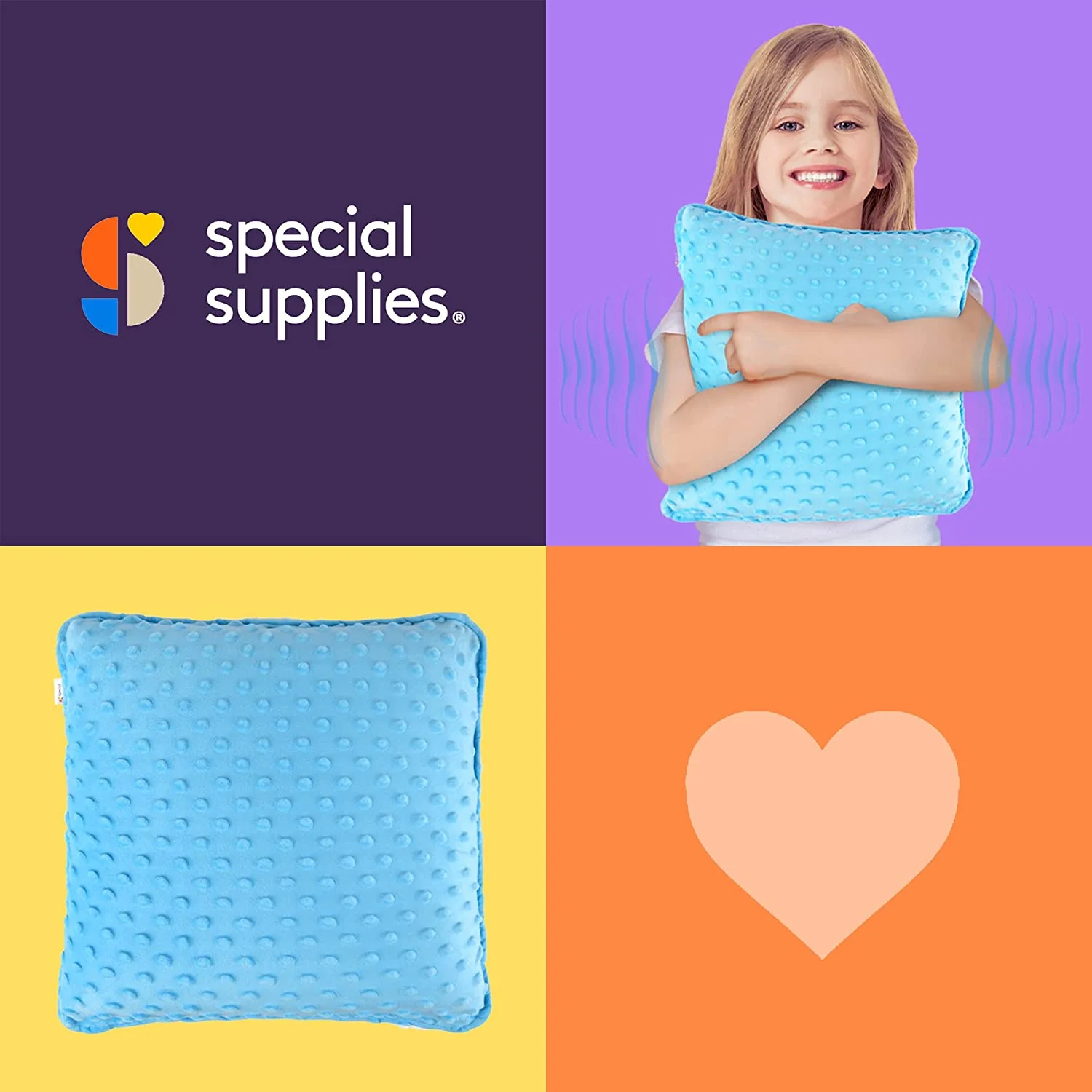 Vibrating Sensory Pillow for Kids and Adults, 12” x 12” Plush Velvet Soft Cover with Textured Therapy Stimulation, HUG TO ACTIVATE, (Blue) - Image 5