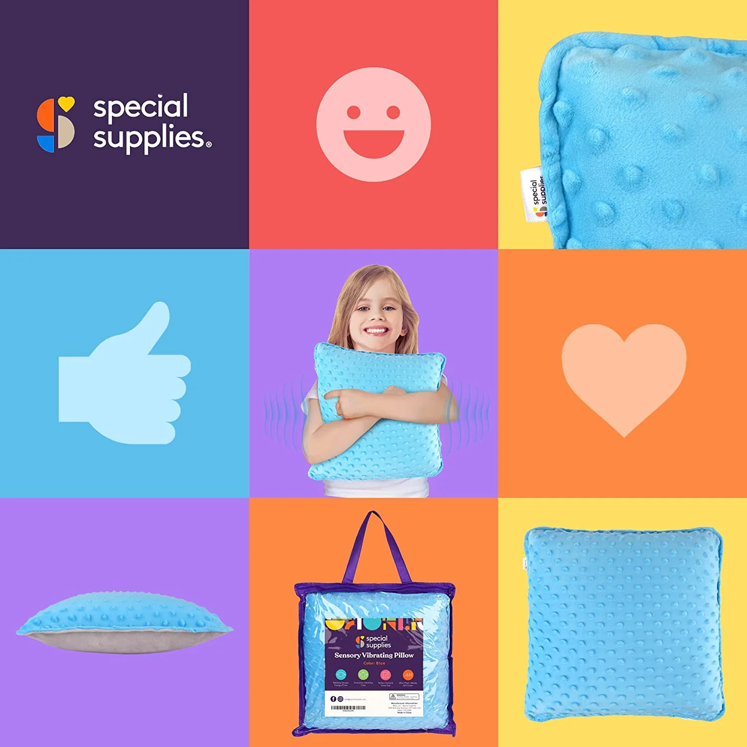 Vibrating Sensory Pillow for Kids and Adults, 12” x 12” Plush Velvet Soft Cover with Textured Therapy Stimulation, HUG TO ACTIVATE, (Blue) - Image 7