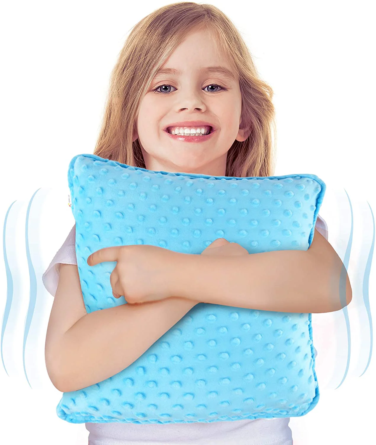 Vibrating Sensory Pillow for Kids and Adults, 12” x 12” Plush Velvet Soft Cover with Textured Therapy Stimulation, HUG TO ACTIVATE, (Blue) - Image 8